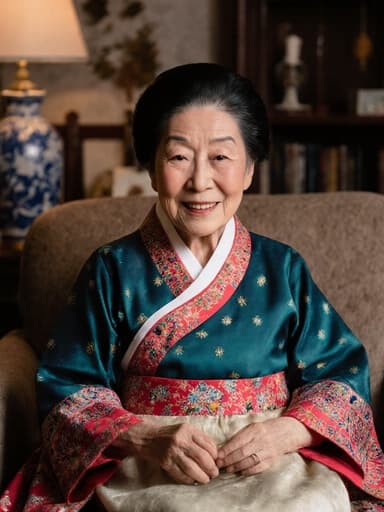 70대 동양인 여성이 화려한 전통 한복을 입고 있는 반신 촬영입니다. 그녀는 고마운 표정으로 따뜻한 미소와 반짝이는 눈을 지니고 있으며, 아늑한 거실에서 전통 소품과 따뜻한 조명이 어우러진 가운데 편안하게 앉아 손에 무언가를 가볍게 쥐고 있습니다.