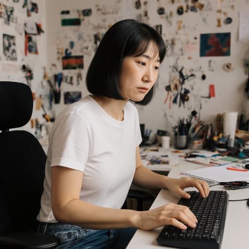 디자인 스튜디오에서 컴퓨터 앞에 앉아 있는 30대 아시아계 여성의 반신 촬영. 편안한 티셔츠와 청바지를 입고 있으며, 피곤하지만 집중한 표정으로 키보드를 타이핑하고 있다. 배경에는 다양한 디자인 도구와 자료들이 흩어져 있어 창의적인 분위기를 반영하고 있다.