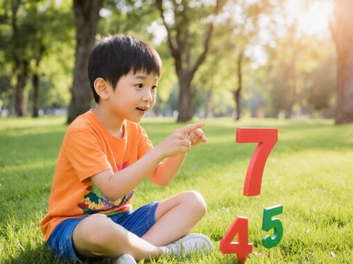 밝은 색상의 티셔츠와 반바지를 입은 7세 동양인 남아가 푸른 잔디 위에 크로스 레그로 앉아 숫자 모형을 가리키며 호기심 어린 표정을 짓고 있는 모습이 담긴 이미지입니다. 햇살이 비치는 공원에서 그의 눈이 반짝이며 장난스럽고 매력적인 분위기를 자아냅니다.