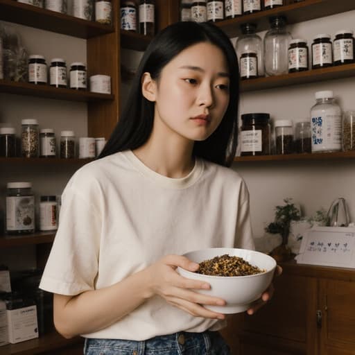 10대 초반의 혼혈 여성 모델이 편안한 티셔츠와 청바지를 입고 전통 한의원에서 한약재가 담긴 그릇을 들고 있습니다. 지루한 표정이 사실감을 더하며, 따뜻하고 아늑한 분위기의 배경이 한약재 진열장으로 가득 차 있습니다.