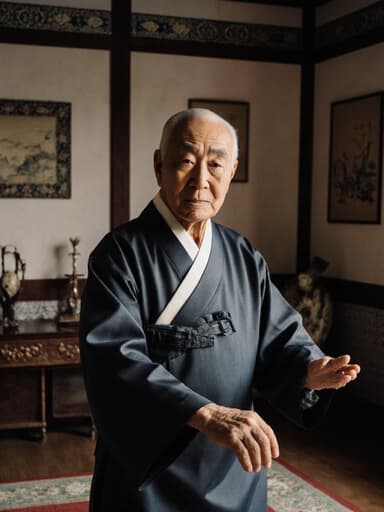 전통적인 한복을 입은 70세의 동양인 남성이 팔을 약간 벌리고 춤추는 자세로 서 있는 모습. 배경은 전통적인 한국 거실로 고전적인 예술 작품으로 장식되어 있습니다. 그의 표정은 지루한 감정을 반영하며, 세팅의 문화적 풍요로움과 대조를 이룹니다.