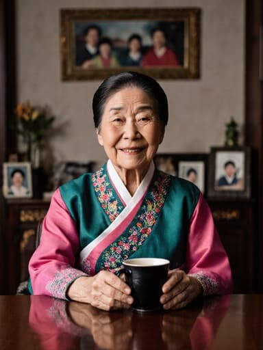 80대 혼혈 여성의 반신 사진으로, 부드러운 주름과 따뜻한 미소를 지닌 자연스럽고 평온한 외모를 보여줍니다. 그녀는 회의실 테이블에 앉아 있으며, 화려한 색상과 섬세한 자수가 돋보이는 전통적인 한복을 입고 차를 다루며 여유로운 자세를 취하고 있습니다. 아늑한 거실 배경에는 전통적인 장식과 가족 사진이 걸려 있어 따뜻한 분위기를 만들어냅니다. 이 장면은 그녀의 편안한 표정과 문화적 의상의 아름다움을 강조하며 삶의 경험이 묻어나는 고요한 순간을 포착합니다.