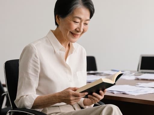 60대 동양인 여성이 편안한 블라우스와 면바지를 입고 친근한 미소를 지으며 책에 집중하는 절반 몸샷입니다. 한 손으로 책을 들고 다른 손으로는 페이지를 넘기고 있으며, 배경에는 서류와 노트북이 놓인 회의실이 있습니다. 전문적이면서도 아늑한 분위기를 자아냅니다.