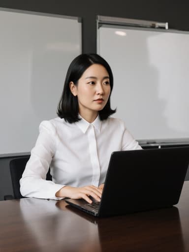 30대 아시아계 여성의 반신 사진으로, 자연스러운 외모에 깔끔한 블라우스와 정장 바지를 착용하고 있습니다. 그녀는 회의실의 테이블에 앉아 노트북을 바라보며 손을 테이블 위에 올려놓고 무표정을 짓고 있습니다. 배경에는 화이트 보드와 테이블이 있어 전문적인 분위기를 조성하며, 주제의 집중과 결단력을 강조합니다.