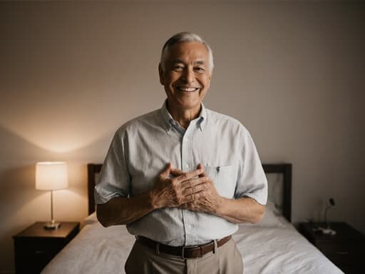 60대 혼혈 남성이 편안한 홈웨어를 입고 자신감 있게 서 있으며, 가슴에 손을 대고 따뜻한 미소를 짓고 있는 반신샷, 아늑한 침실 배경에 부드러운 조명이 비추고 있습니다.