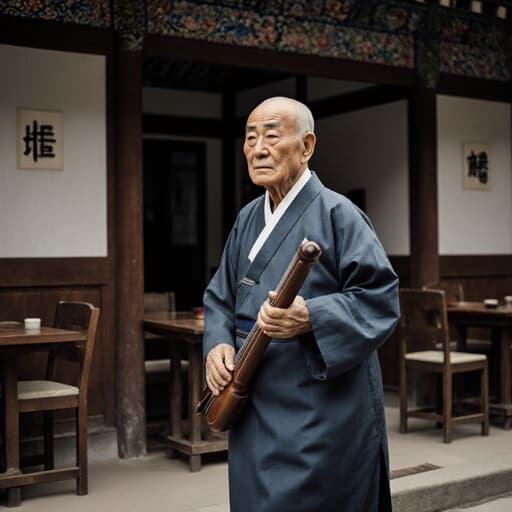전통 한복을 입고 느리게 걷고 있는 80대 한국인 남성의 반신 사진. 피곤한 표정을 짓고 있으며, 전통 악기를 들고 있습니다. 따뜻한 조명이 전통 한국 찻집의 아늑한 분위기를 강조하며, 순간의 문화적 풍부함을 돋보이게 합니다.