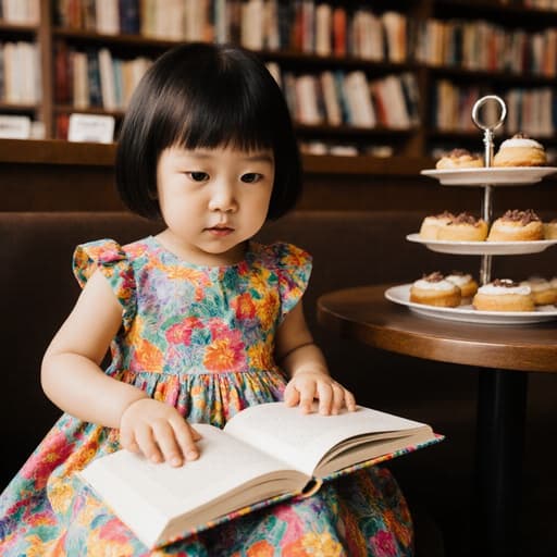아늑한 카페에서 앉아 있는 귀여운 1세 아시아계 여아의 반신 촬영. 화사한 원피스를 입고 있으며, 손에 든 책을 바라보며 배고픈 표정을 짓고 있다. 배경에는 다양한 책들과 맛있는 디저트가 있어 따뜻하고 초대하는 분위기를 자아낸다.