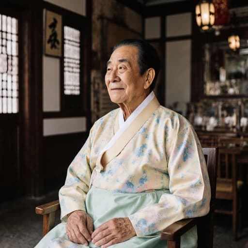 70대 동양인 남성이 전통 한복을 입고 고풍스러운 장식이 있는 카페에서 건축의 세부 사항을 응시하며 평화로운 반성을 나타내는 모습, 미소가 담긴 피곤한 표정.