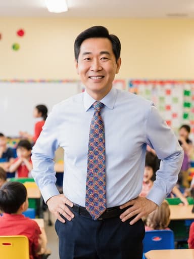 50대 아시아계 남성이 세련된 인상으로 깔끔한 셔츠와 바지, 컬러풀한 넥타이를 착용하고, 아이들이 놀고 있는 따뜻한 유치원 교실에서 자신감 있는 미소와 세련된 표정을 지으며 서 있는 반신 사진입니다.