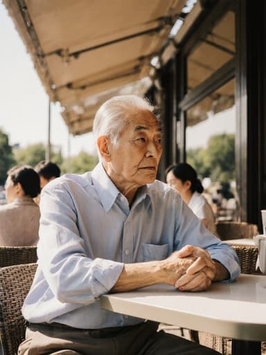 70대 한국인 남성이 편안한 셔츠와 바지를 입고 카페 테이블에 앉아 지루한 표정으로 주변을 바라보는 반신 사진입니다. 따뜻한 햇살이 비치는 공원 내 카페 테라스에서 가족과 함께 시간을 보내며 차분하고 매력적인 장면을 연출합니다.