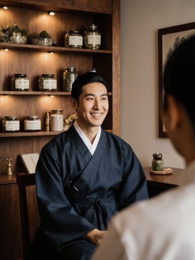 이미지에는 전통 한복 스타일의 의사복을 입은 20대 중동계 남성이 환자를 바라보며 친근한 미소를 짓고 있는 모습이 담겨 있습니다. 아늑한 한의원 배경에는 한약재와 전통 치료 도구들이 배치되어 있어 따뜻하고 환영받는 분위기를 자아냅니다.