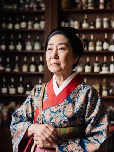60대 한국인 여성이 전통 한복을 입고 건강에 대한 걱정을 나타내는 찡그린 표정을 짓고 있는 반신 사진입니다. 그녀는 작은 가방을 어깨에 메고 있으며, 배경은 한약재와 치료 도구들이 정리된 전통적인 한방 상담실입니다. 따뜻한 조명이 장면의 분위기를 잘 살려줍니다.