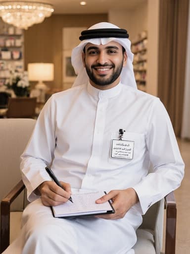 이 이미지는 30대 중동계 남성 약사가 약사 유니폼과 이름표를 착용하고, 한쪽 다리를 뻗고 앉아 있는 모습으로, 약품 목록이 적힌 노트를 들고 고객을 친근하게 맞이하는 장면을 담고 있습니다. 배경은 따뜻하고 아늑한 약국 대기실입니다.