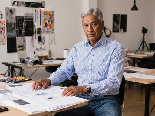 50대 혼혈 남성이 세련된 디자인 셔츠와 청바지를 입고 디자인 스튜디오의 현대적인 테이블에 앉아 자료를 검토하는 모습의 반신 사진. 그는 차가운 표정을 짓고 있으며, 주위에는 다양한 디자인 도구와 샘플들이 있어 창의적인 분위기를 자아냅니다. 자연스러운 조명이 스튜디오의 현대적인 장식을 강조하며, 모델의 집중하는 태도와 주변 디자인 요소의 선명한 색상이 잘 드러납니다.