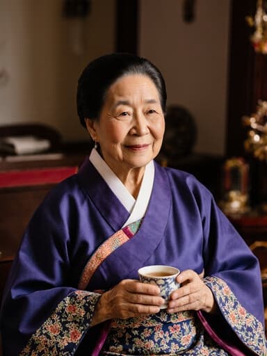 80대 아시아계 여성이 전통 한복을 입고 아늑한 거실에 앉아 차를 들고 편안한 미소를 짓고 있는 반신 사진. 전통 소품이 배치된 따뜻한 분위기 속에서 여유로운 모습이 돋보입니다.
