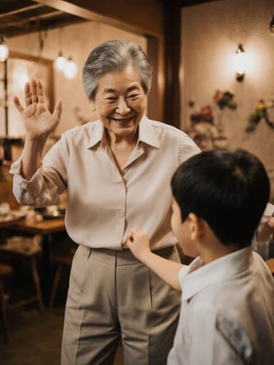 70대 한국인 여성이 부드러운 색상의 블라우스와 편안한 바지를 입고 반신 촬영된 모습입니다. 피곤한 표정을 짓고 있지만, 아기와 함께 즐겁게 춤추며 손을 흔들고 바라보는 모습이 아늑한 카페의 따뜻하고 매력적인 분위기 속에서 따뜻한 순간을 만들어냅니다.
