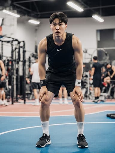 스포츠 유니폼과 운동화를 착용한 10대 후반의 동양인 남성 운동선수가 경기를 준비하며 놀란 표정을 짓고 있는 모습이 운동 센터의 훈련장 배경에서 다양한 운동 기구와 훈련하는 선수들과 함께 담겨 있습니다.