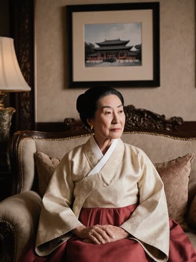 70대 혼혈 여성이 전통 한복을 입고 스타일리시한 소파에 앉아 무관심한 표정으로 벽에 걸린 전통 건축물의 사진을 바라보고 있는 반신 사진입니다. 아름답게 꾸며진 거실이 풍부한 문화적 분위기를 연출합니다.