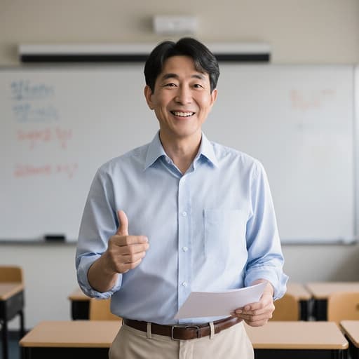 이 이미지는 50대 한국인 남성이 편안한 셔츠와 바지를 입고, 따뜻하게 미소 지으며 프레젠테이션 자료를 들고 강의실에서 설명하는 모습을 담고 있습니다.