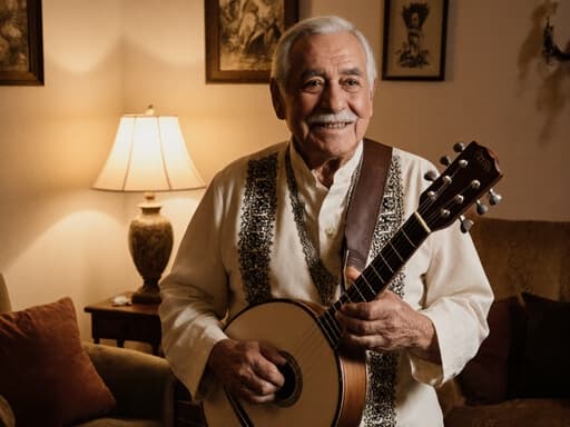 70대의 만족스러운 라틴계 남성이 편안한 전통 의상을 입고, 아늑한 거실에서 전통 악기를 들고 걷고 있는 모습의 반신 촬영, 따뜻함과 문화적 기쁨을 전하고 있습니다.