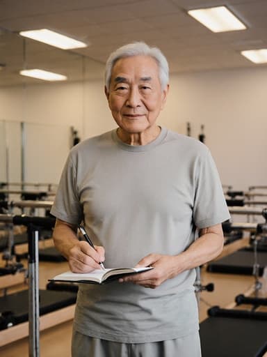 이 이미지는 60대의 동양인 남성이 편안한 필라테스 복장을 입고, 밝고 현대적인 필라테스 스튜디오에서 노트를 작성하는 모습으로, 운동 기구들로 둘러싸인 동기 부여가 되는 분위기를 전달합니다.