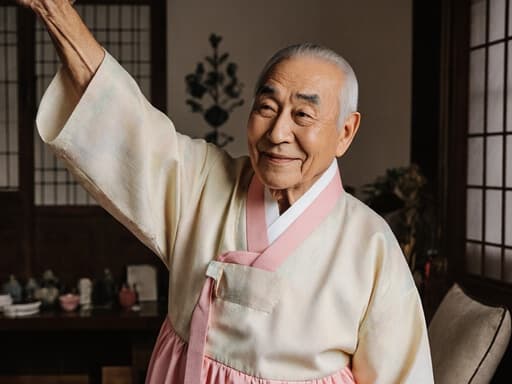 70대의 따뜻한 마음을 지닌 동양인 남성이 부드러운 색상의 전통 한복을 착용하고, 따뜻한 미소를 지으며 편안하게 팔을 들어 스트레칭하는 모습이 전통 소품으로 꾸며진 아늑한 거실 배경에서 담긴 이미지입니다.