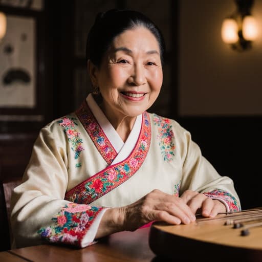 70대 한국인 여성의 반신 사진으로, 아름다운 전통 한복을 입고 친근하게 미소 지으며 테이블 위의 전통 악기를 가볍게 만지고 있는 모습. 아늑한 카페에서 음악을 즐기기에 적합한 따뜻한 분위기를 연출하고 있습니다.
