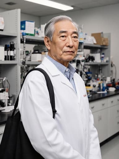 60대 아시아계 남성이 흰색 실험복을 입고 한쪽 어깨에 가방을 메고 무관심한 표정을 짓고 있는 반신 샷. 다양한 실험 기구가 배치된 실험실에서 촬영되어 친근하면서도 권위 있는 분위기를 자아냅니다.