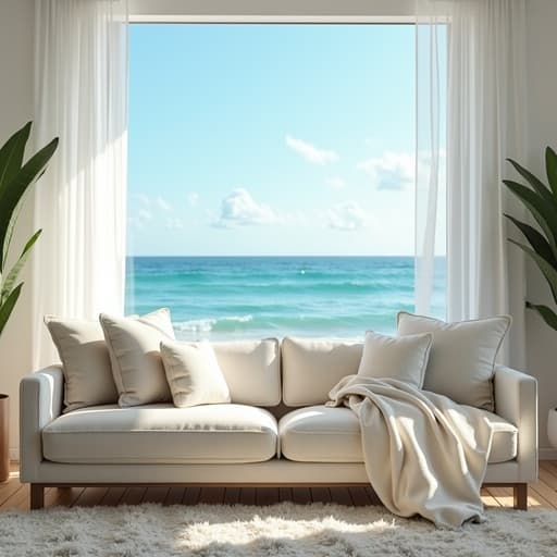 소파, 가구, 밝은 푸른 바다, 부드러운 파도, 여름의 분위기