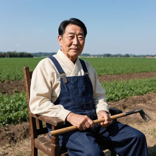 50대 한국인 남성이 농부 작업복을 입고 의자에 앉아 농기구를 들고 있는 반신 사진. 배경은 푸른 하늘과 넓은 들판이 있는 농장 풍경이다.