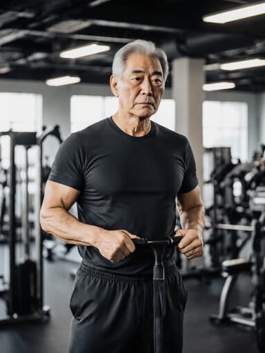 이 이미지는 50대 아시아계 남성이 운동복을 입고 현대적인 체육관에서 운동 기구에 집중하는 모습을 담고 있습니다. 밝고 현대적인 체육관 환경이 장면의 강렬하고 동기 부여를 주는 분위기를 강조합니다.