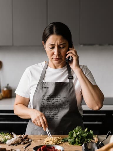 현대적인 주방에서 앞치마와 티셔츠를 입은 40대 혼혈 여성이 요리 레시피에 집중하며 걱정스러운 표정을 짓고 있습니다. 그녀는 한 손으로 요리 재료를 다루고, 다른 손으로는 귀에 대고 있는 전화기를 들고 있어, 세련된 배경 속에서 요리에 대한 열정을 보여줍니다.