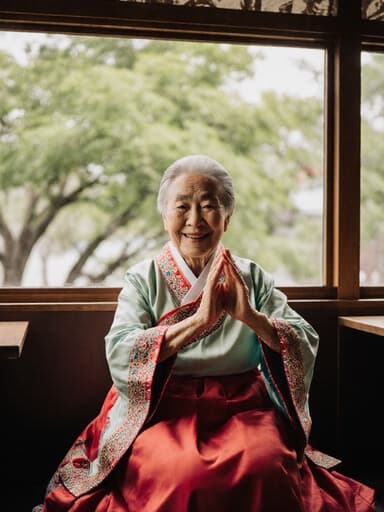 전통 한복을 입고 따뜻하게 웃고 있는 80대의 백인 여성이 크로스 레그로 앉아 전통 춤의 동작을 표현하는 모습의 반신 촬영. 아늑한 카페 내부에 따뜻한 조명이 비추고 창문을 통해 푸른 나무가 보입니다.