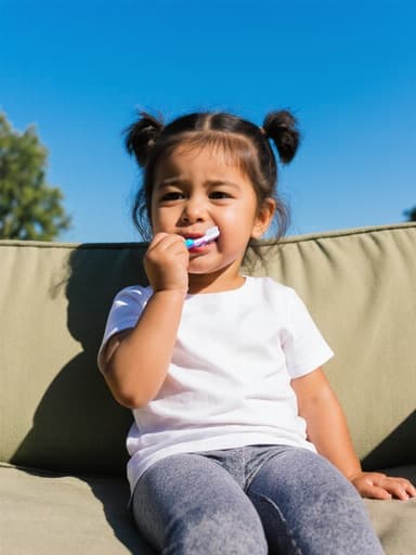 이 이미지는 자연스러운 외모를 가진 3세 혼혈 여아가 공원의 소파에 앉아 편안한 티셔츠와 레깅스를 입고 작은 칫솔로 이를 닦고 있는 모습입니다. 지루한 표정으로 보이는 그녀의 모습 뒤에는 맑고 푸른 하늘이 펼쳐져 있어 어린 시절의 장난스럽고 평범한 순간을 담고 있습니다.
