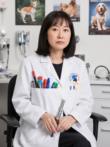 30대 동양인 여성이 동물 응급 처치 도구가 들어 있는 의사 가운을 입고, 동물 병원에서 앉아 고민스러운 표정으로 카메라를 바라보고 있는 반신 촬영. 배경에는 의료 장비와 동물 포스터가 있어 전문적인 분위기를 더하고 있다.