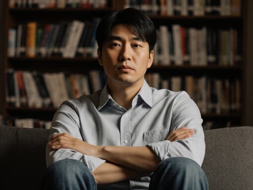 30대 아시아계 남성이 자연스러운 외모를 가지고 소파에 앉아 있는 반신 사진입니다. 배경은 책장이 가득한 조용한 스터디 룸이며, 그는 편안한 캐주얼 셔츠와 청바지를 입고 있습니다. 팔짱을 끼고 고민하는 표정을 지으며 깊은 생각에 잠긴 모습입니다. 따뜻한 조명과 정돈된 배경이 아늑한 분위기를 더해주어 모델의 감정과 편안한 환경이 조화를 이루고 있습니다.
