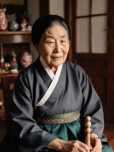80대 한국인 여성이 전통 한복을 입고, 따뜻한 느낌의 거실에서 크로스 레그로 앉아 있는 평온한 반신 사진입니다. 그녀는 전통 놀이 도구를 부드럽게 쥐고 있으며, 여유로운 표정이 문화적 연결과 평온함을 드러냅니다.