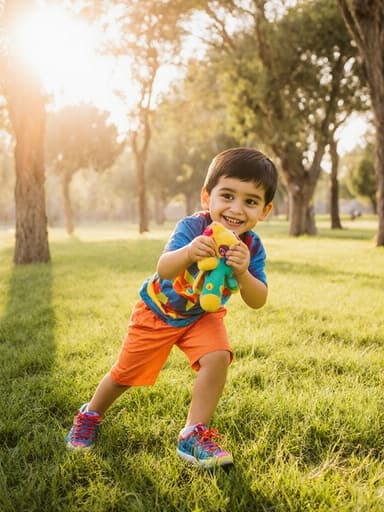 이 이미지는 즐거운 표정의 3세 중동계 남자아이가 색색의 인형을 가지고 스트레칭하며 놀고 있는 모습을 담고 있습니다. 그는 밝은 색의 티셔츠와 반바지를 입고 있으며, 따뜻한 햇볕이 내리쬐는 공원에서 푸른 잔디와 나무들로 둘러싸여 있습니다. 이 장면은 순수함과 기쁨을 전달합니다.