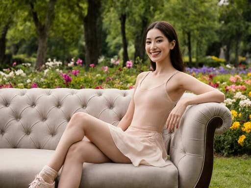 30대 유럽계 여성이 우아한 무용복과 편안한 운동화를 착용하고 소파에 앉아 다리를 살짝 교차하며 매력적인 미소를 지으며 아름다운 공원 배경 속에서 포즈를 취하고 있는 반신 사진.