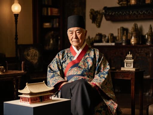 80대 동양인 남성이 전통 한복을 입고 아늑한 거실에 앉아 전통 건축 모형을 바라보며 지루한 표정을 짓고 있는 반신 샷. 따뜻한 분위기와 전통 장식이 장면의 문화적 본질을 강조합니다.