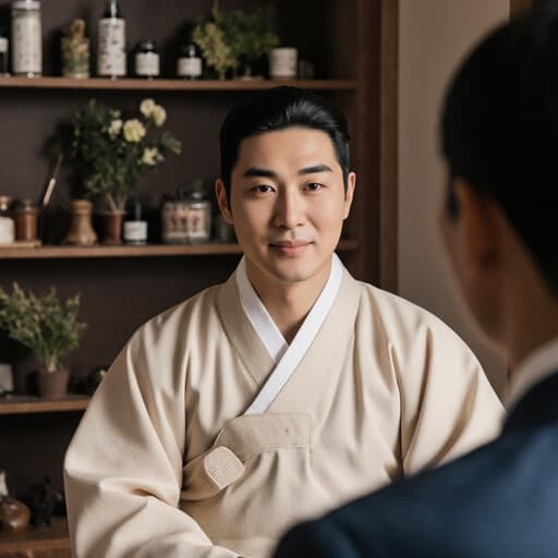 30대 라틴계 남성이 전통 한복을 입고, 한의원에서 상담사를 진지하게 듣고 있는 모습을 반신으로 촬영한 이미지로, 한약재와 한의학 도구들로 둘러싸인 전통적인 분위기를 자아내며 우아함과 전문성을 드러냅니다.