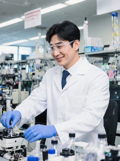 30대 한국인 남성이 화이트 연구복과 안전 안경을 착용하고 현대적인 분석실에서 실험용 기구를 점프하며 조작하는 모습을 담은 전신 사진. 그는 자신감 넘치는 표정으로 실험 장비와 상호작용하며 열정과 전문성을 보여주고 있으며, 밝고 자연스러운 조명이 전문적인 분위기를 강조합니다.