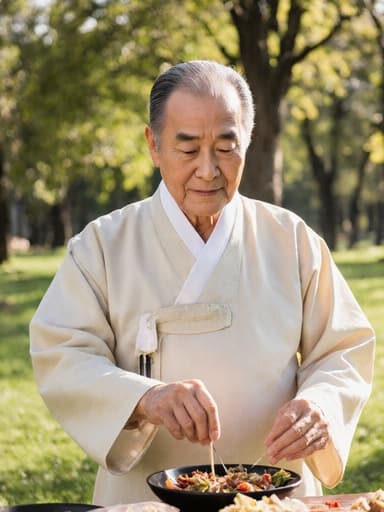 이미지는 70대의 혼혈 남성이 옅은 색상의 전통 한복을 입고 전통 음식을 만들기 위해 재료를 다듬고 있는 모습을 담고 있습니다. 그의 편안하고 친근한 외모가 푸른 잔디와 따뜻한 햇살이 비치는 평화로운 공원 배경과 어우러져 초대하는 듯한 분위기를 연출합니다.