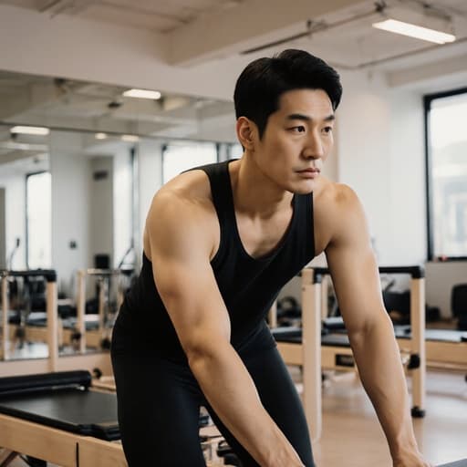 30대 아시아계 남성이 세련된 스포츠웨어와 필라테스 타이츠를 입고 필라테스 매트를 청소하는 모습의 반신 사진. 밝고 현대적인 필라테스 센터 내부에서 고민하는 표정을 지으며 매트를 청소하는 자연스러운 자세가 운동 환경에서 청결의 중요성을 강조하며, 집중과 활동이 조화를 이루고 있습니다.