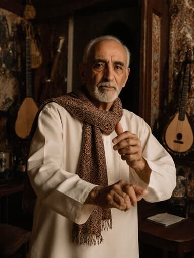 전통 의상과 화려한 스카프를 착용한 80대 중동계 남성이 아늑한 카페에서 전통 음악에 맞춰 우아하게 춤추고 있는 모습의 전신 사진. 음악 장식으로 가득 찬 카페에서 전통 문화와 리듬을 표현하고 있습니다.