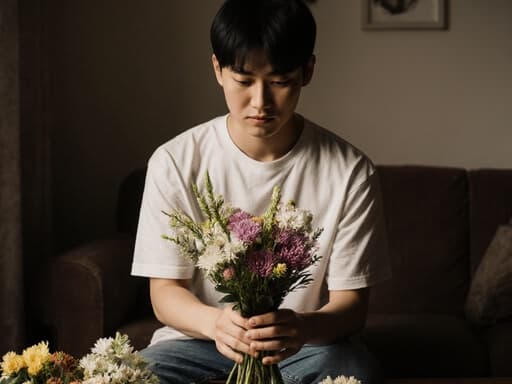 10대 후반 아시아계 남성이 편안한 티셔츠와 청바지를 입고, 꽃을 조심스럽게 들고 있는 모습이 반신 촬영으로 담겼습니다. 그는 꽃꽂이를 배우며 약간 찡그린 표정을 지으며 집중하고 있습니다. 아늑한 거실 배경에는 다양한 꽃들이 놓인 테이블이 있어 따뜻하고 초대하는 분위기를 만들어냅니다.