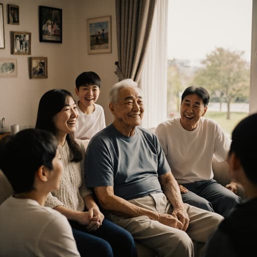 이미지는 편안한 티셔츠와 면바지를 착용한 70대 한국인 남성이 소파에 앉아 가족과 대화하는 모습을 보여줍니다. 그의 표정은 피곤하지만 가족과 함께하는 즐거움이 느껴지는 여유로움을 나타냅니다. 가족 사진이 걸려 있는 따뜻한 거실과 창 밖으로 보이는 공원이 아늑하고 초대하는 분위기를 더합니다.