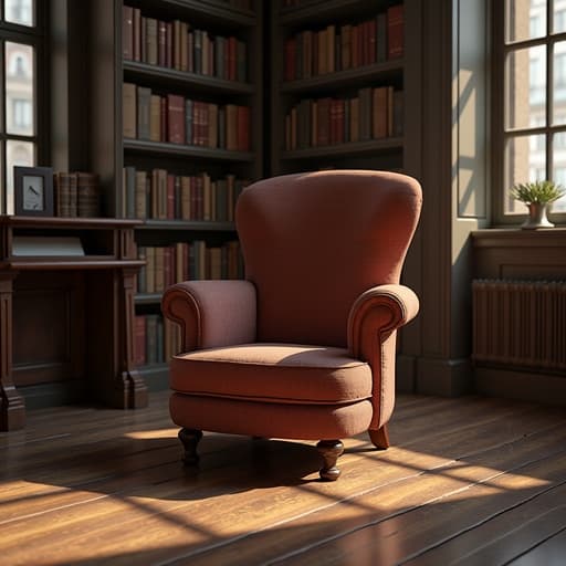 클래식 도서관에 우아한 빈티지 업홀스터드 의자, 따뜻하고 초대하는 분위기