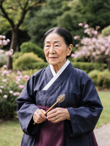 전통 한복을 입고 공예 도구를 들고 있는 80대 한국 여성의 전신 샷. 아름다운 정원의 배경에서 무관심한 표정을 지으며 전통 문화와의 연결을 강조합니다.