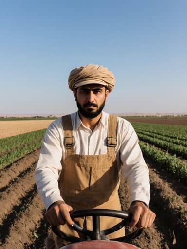 30대 중동계 남성이 자연스러운 외모로 작업복과 농기계 장비를 착용한 반신 촬영 이미지입니다. 그는 농기계를 조작하는 자세로 서 있으며 걱정스러운 표정을 짓고 있으며, 아름다운 농장 풍경이 배경으로 농업 주제를 보완하고 있습니다.
